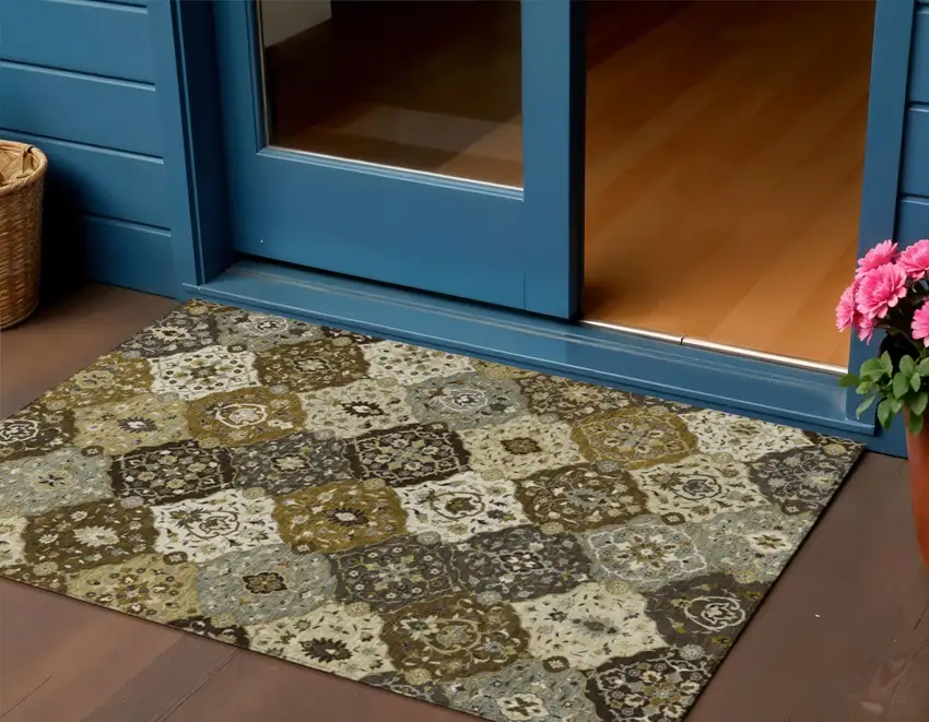 Brown Gray And Gold Floral Medallion Washable Indoor Outdoor Area Rug Photo 1