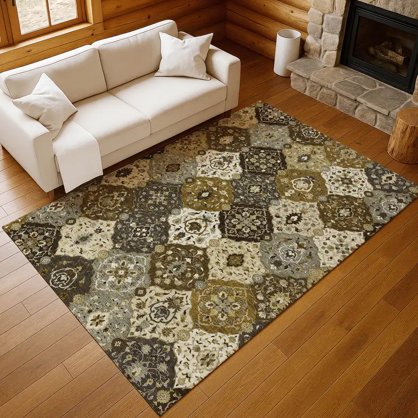 Brown Gray And Gold Floral Medallion Washable Indoor Outdoor Area Rug Photo 8