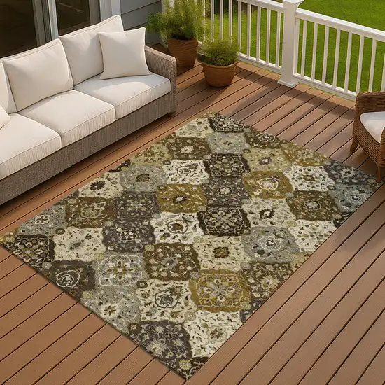 Brown Gray And Gold Floral Medallion Washable Indoor Outdoor Area Rug Photo 7