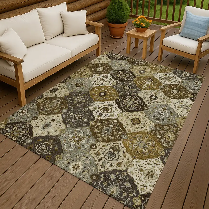 Brown Gray And Gold Floral Medallion Washable Indoor Outdoor Area Rug Photo 9
