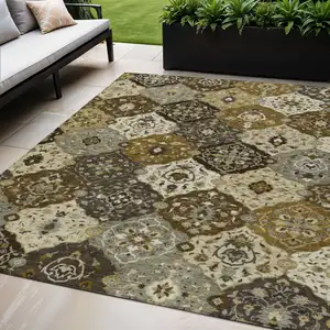 Photo of Brown Gray And Gold Floral Medallion Washable Indoor Outdoor Area Rug