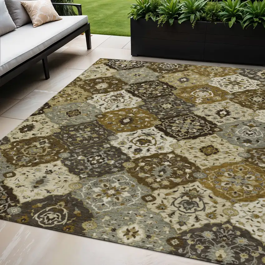 Brown Gray And Gold Floral Medallion Washable Indoor Outdoor Area Rug Photo 1