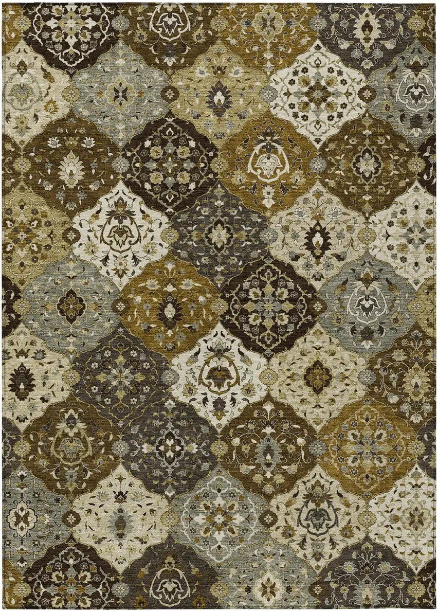 Brown Gray And Gold Floral Medallion Washable Indoor Outdoor Area Rug Photo 2