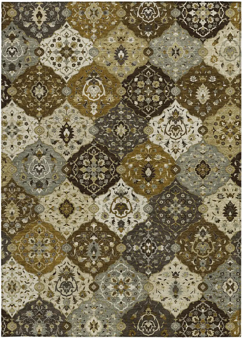 Brown Gray And Gold Floral Medallion Washable Indoor Outdoor Area Rug Photo 4
