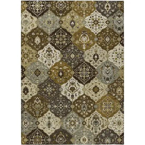 Brown Gray And Gold Floral Medallion Washable Indoor Outdoor Area Rug Photo 2