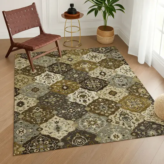 Brown Gray And Gold Floral Medallion Washable Indoor Outdoor Area Rug Photo 9