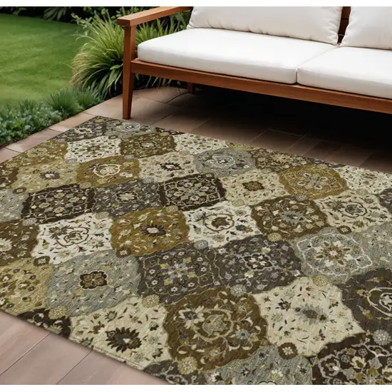 Brown Gray And Gold Floral Medallion Washable Indoor Outdoor Area Rug Photo 1