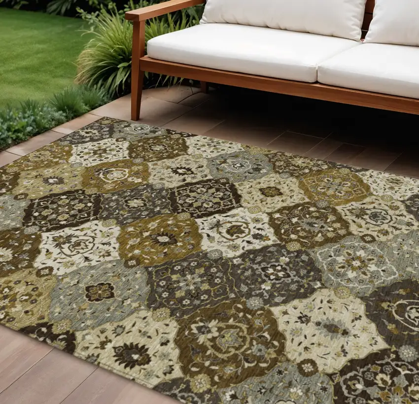 Brown Gray And Gold Floral Medallion Washable Indoor Outdoor Area Rug Photo 1