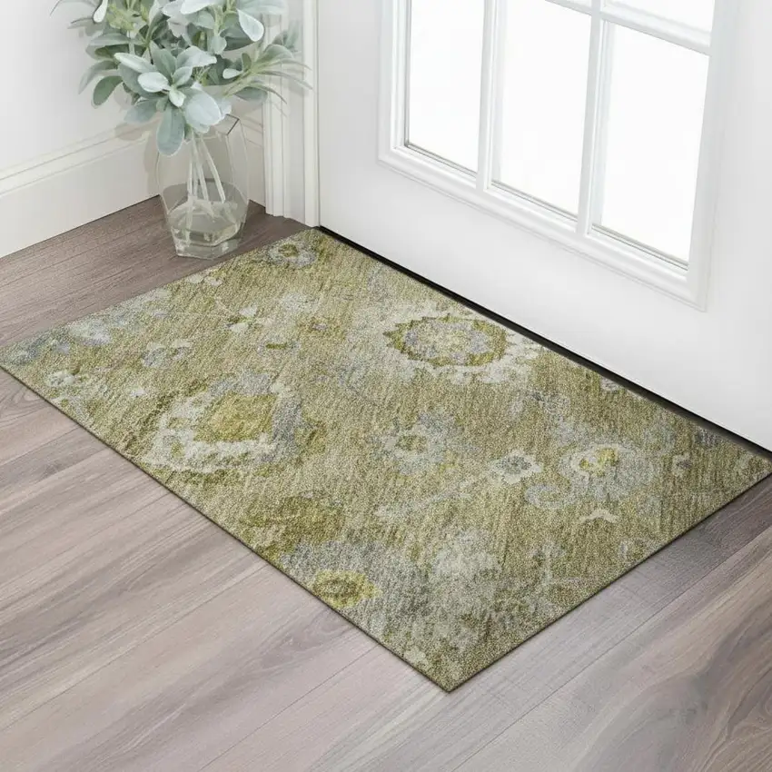 Brown Gray And Gold Floral Washable Area Rug With UV Protection Photo 2