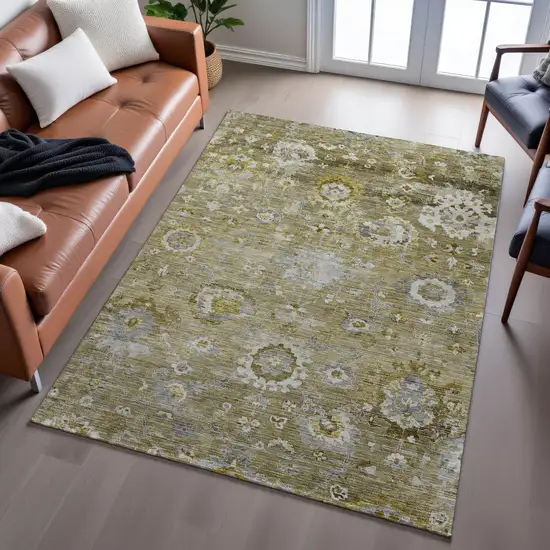 Brown Gray And Gold Floral Washable Area Rug With UV Protection Photo 4