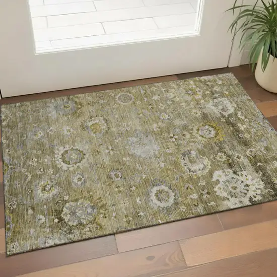 Brown Gray And Gold Floral Washable Area Rug With UV Protection Photo 1