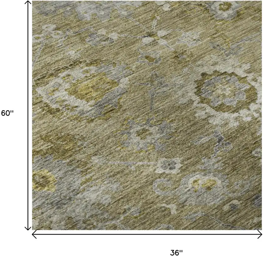 Brown Gray And Gold Floral Washable Area Rug With UV Protection Photo 9