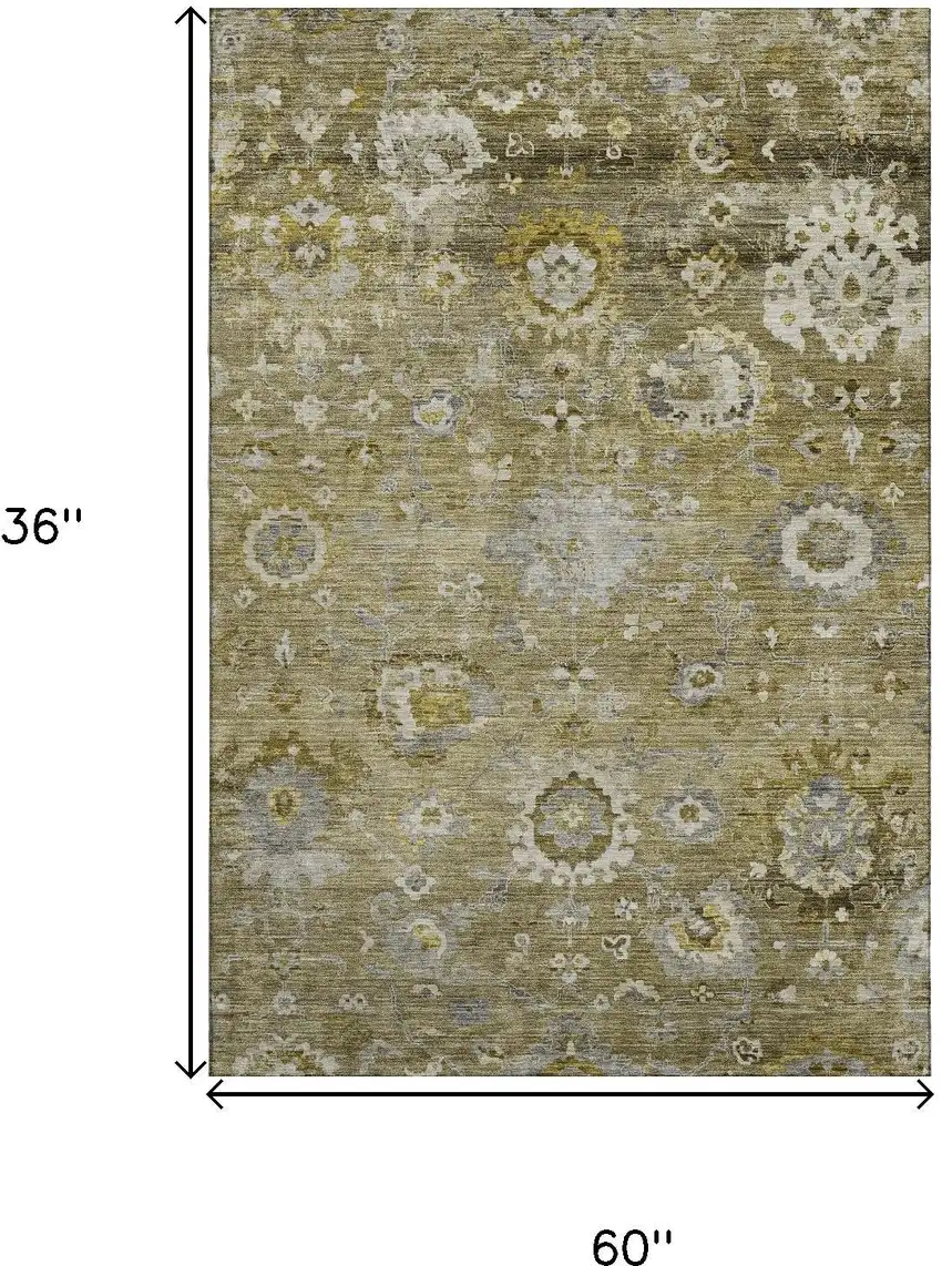 Brown Gray And Gold Floral Washable Area Rug With UV Protection Photo 9