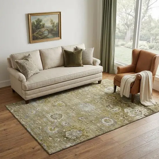 Brown Gray And Gold Floral Washable Area Rug With UV Protection Photo 1