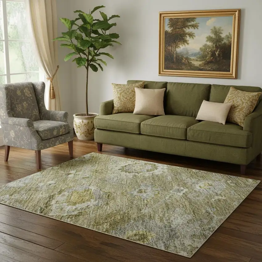 Brown Gray And Gold Floral Washable Area Rug With UV Protection Photo 2