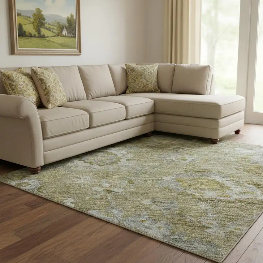 Brown Gray And Gold Floral Washable Area Rug With UV Protection Photo 2