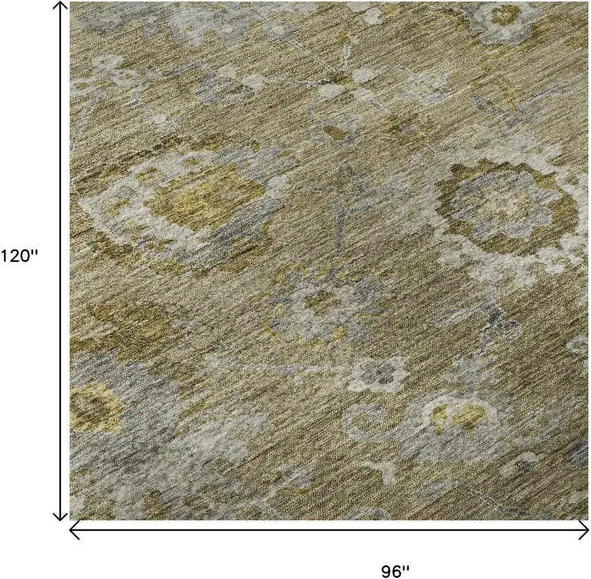 Brown Gray And Gold Floral Washable Area Rug With UV Protection Photo 9