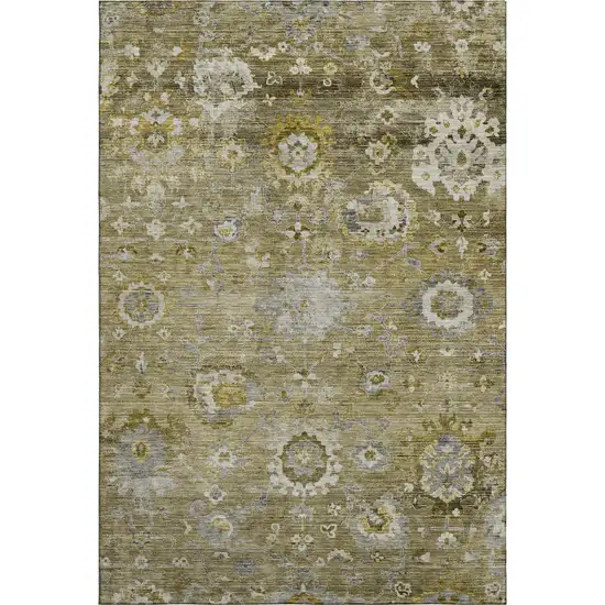 Brown Gray And Gold Floral Washable Area Rug With UV Protection Photo 5