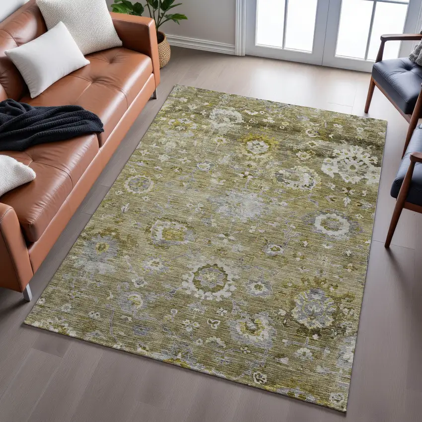 Brown Gray And Gold Floral Washable Area Rug With UV Protection Photo 5