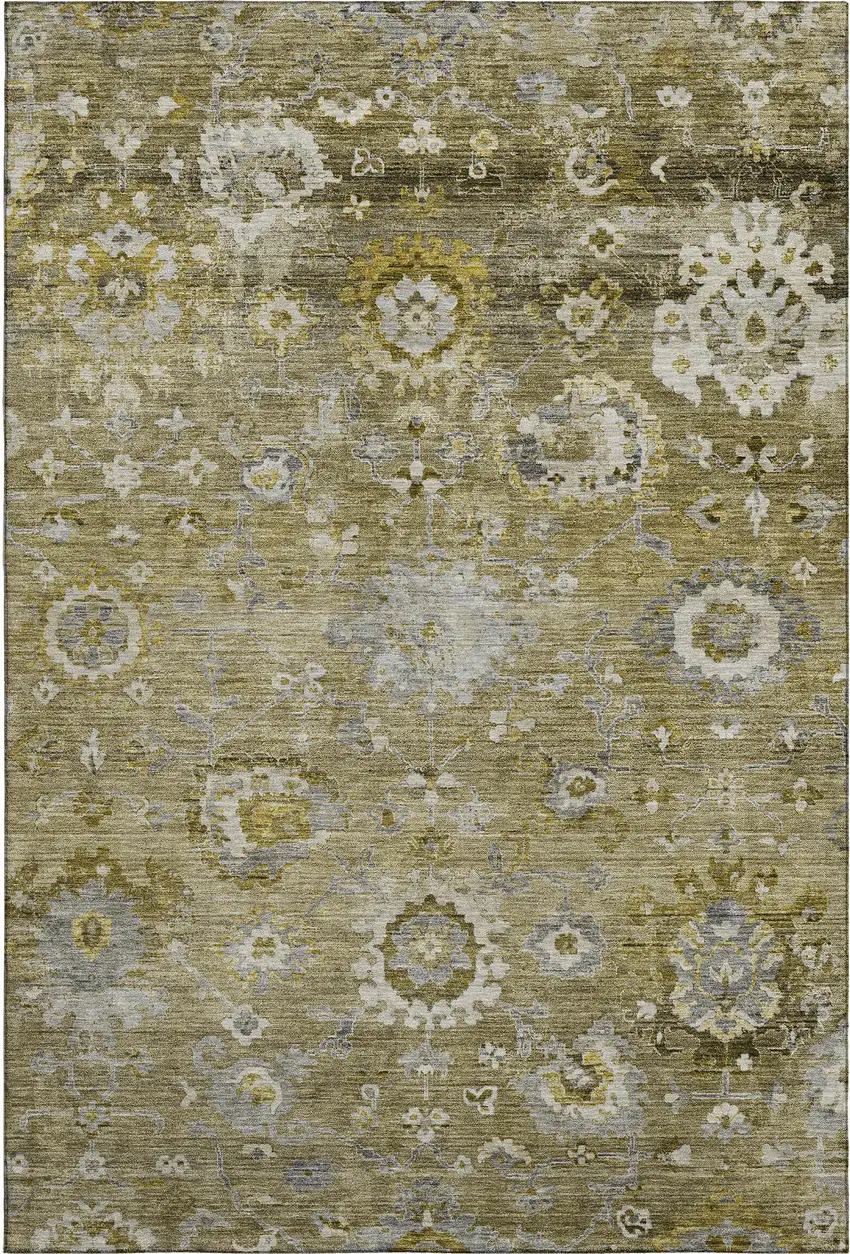 Brown Gray And Gold Floral Washable Area Rug With UV Protection Photo 7