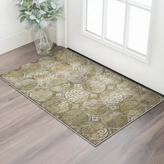 Brown Gray And Gold Medallion Washable Area Rug With UV Protection Photo 2