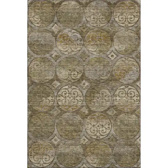 Brown Gray And Gold Medallion Washable Area Rug With UV Protection Photo 1