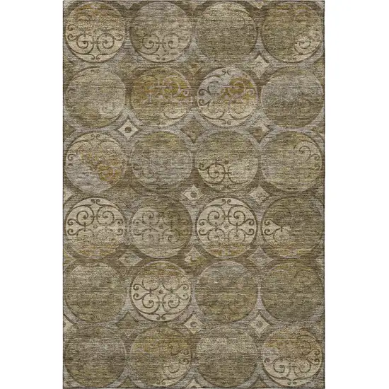 Brown Gray And Gold Medallion Washable Area Rug With UV Protection Photo 4