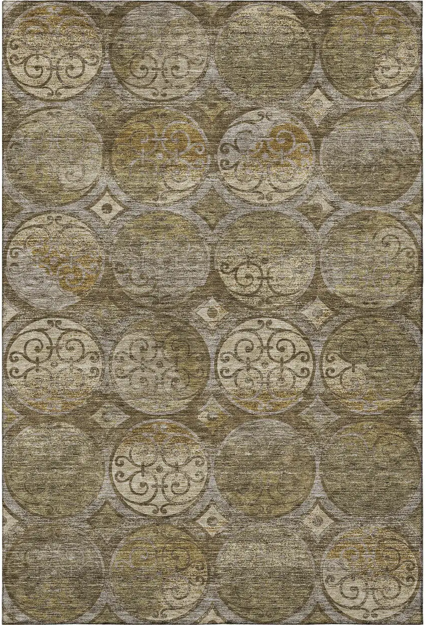 Brown Gray And Gold Medallion Washable Area Rug With UV Protection Photo 4