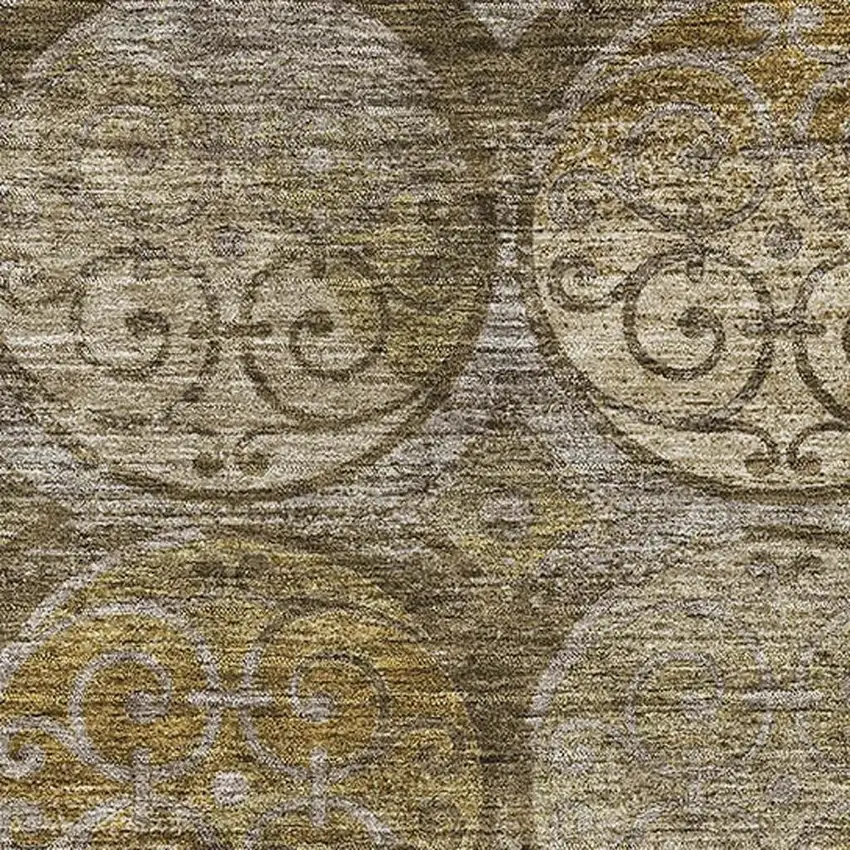 Brown Gray And Gold Medallion Washable Area Rug With UV Protection Photo 3