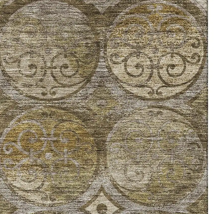 Brown Gray And Gold Medallion Washable Area Rug With UV Protection Photo 4