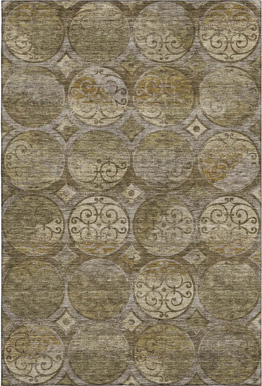 Brown Gray And Gold Medallion Washable Area Rug With UV Protection Photo 1