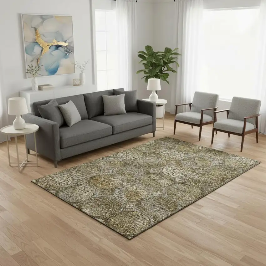 Brown Gray And Gold Medallion Washable Area Rug With UV Protection Photo 2