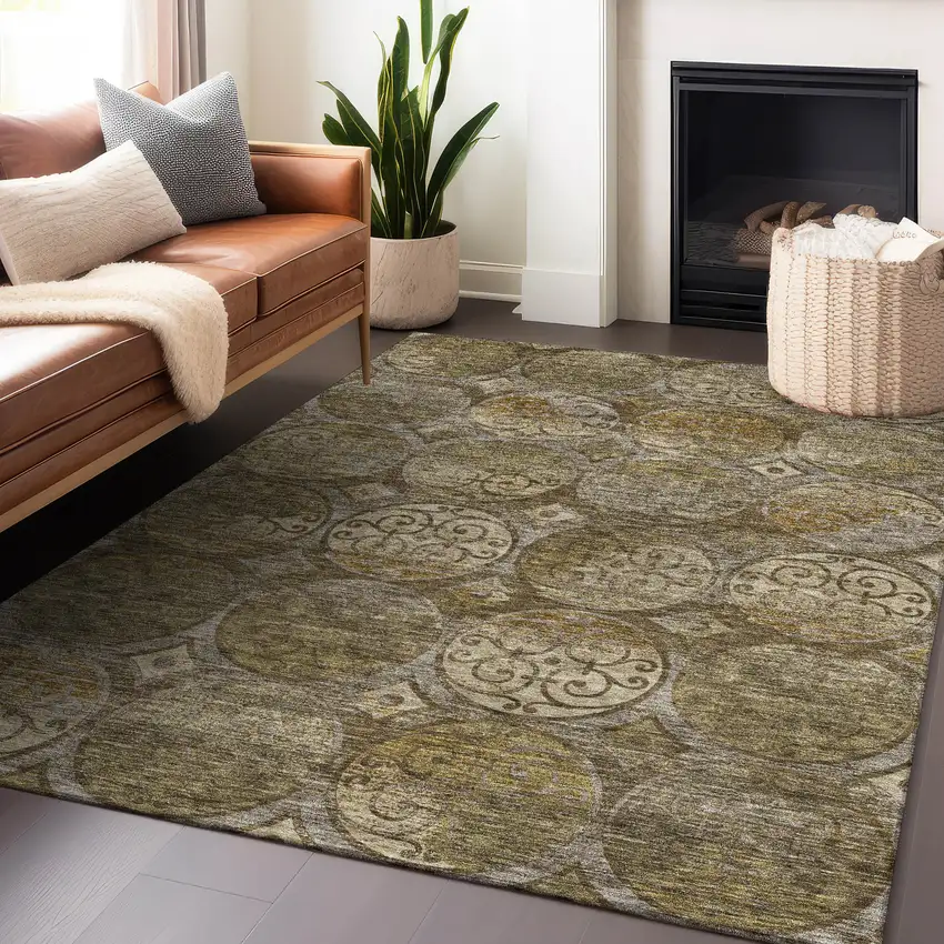 Brown Gray And Gold Medallion Washable Area Rug With UV Protection Photo 6
