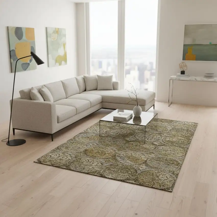 Brown Gray And Gold Medallion Washable Area Rug With UV Protection Photo 2