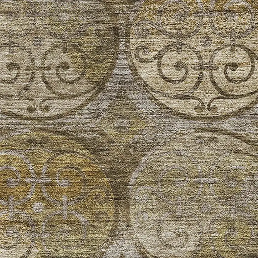 Brown Gray And Gold Medallion Washable Area Rug With UV Protection Photo 3