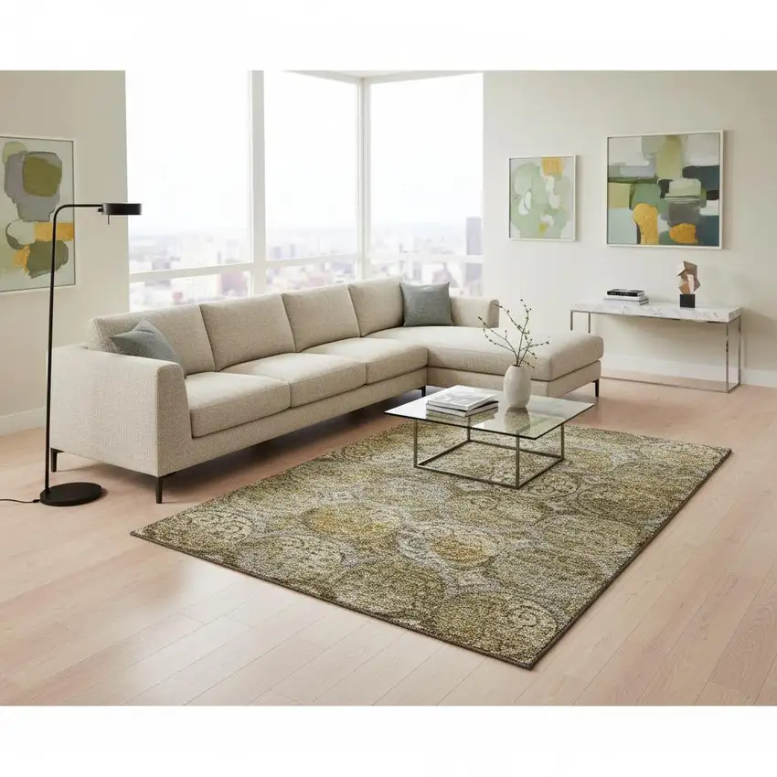 Brown Gray And Gold Medallion Washable Area Rug With UV Protection Photo 2