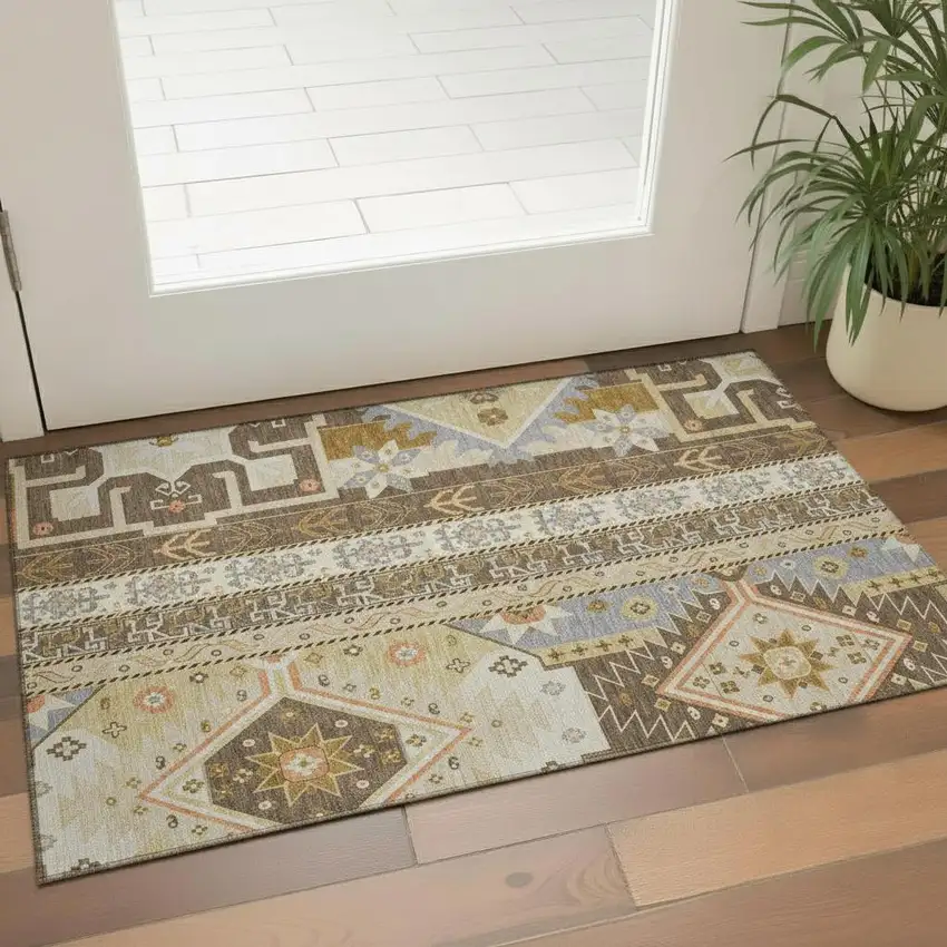 Brown Gray And Gold Southwestern Washable Area Rug With UV Protection Photo 2