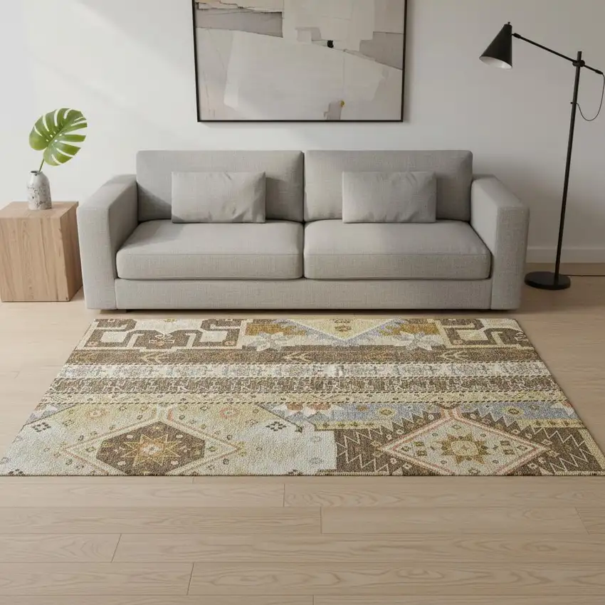 Brown Gray And Gold Southwestern Washable Area Rug With UV Protection Photo 2