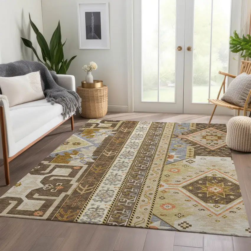 Brown Gray And Gold Southwestern Washable Area Rug With UV Protection Photo 5