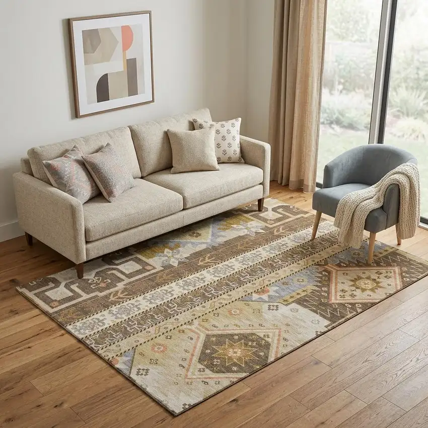 Brown Gray And Gold Southwestern Washable Area Rug With UV Protection Photo 1