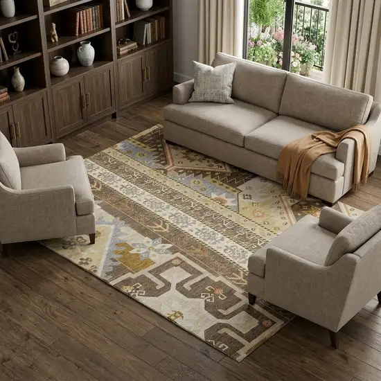Brown Gray And Gold Southwestern Washable Area Rug With UV Protection Photo 1