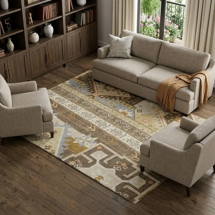 Brown Gray And Gold Southwestern Washable Area Rug With UV Protection Photo 1