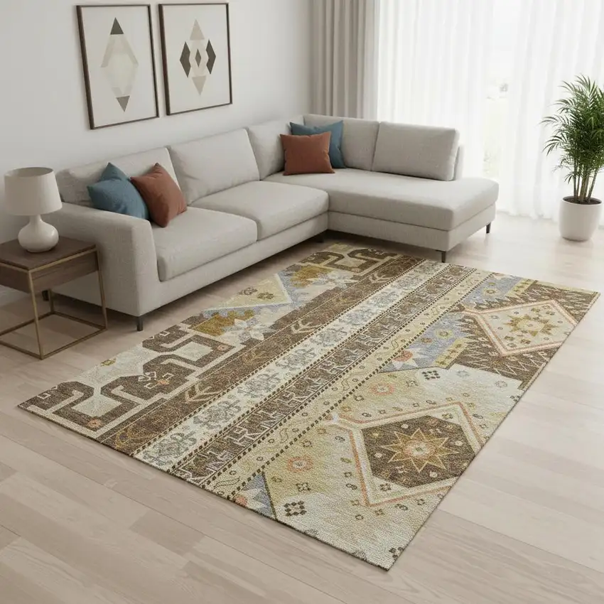 Brown Gray And Gold Southwestern Washable Area Rug With UV Protection Photo 2