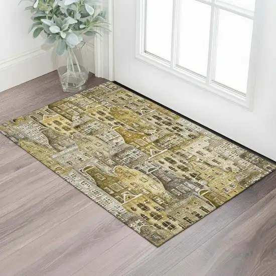Brown Gray And Ivory Abstract Geometric Washable Area Rug With UV Protection Photo 1