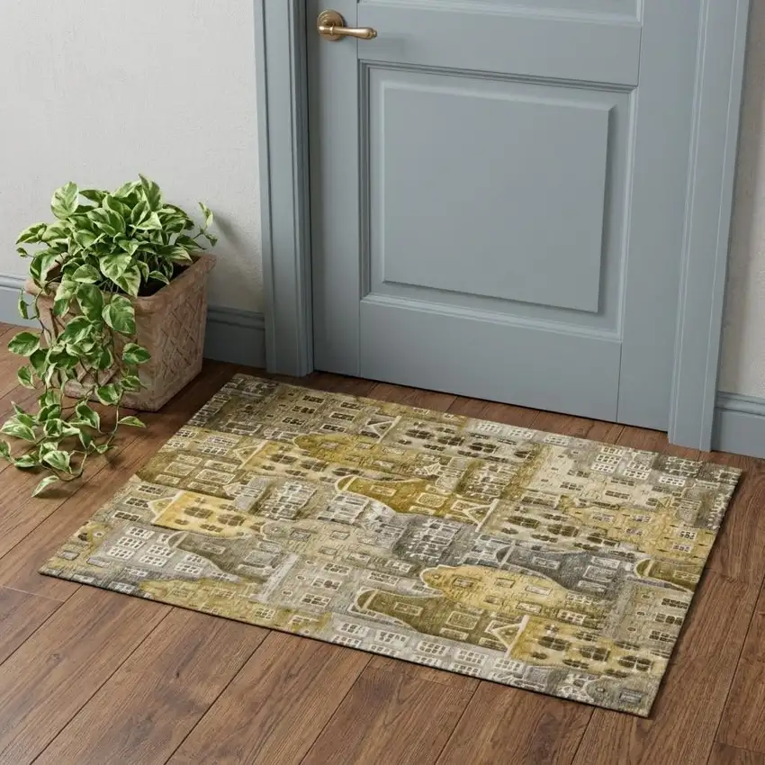 Brown Gray And Ivory Abstract Geometric Washable Area Rug With UV Protection Photo 1