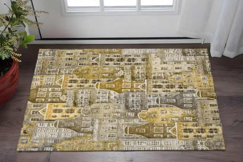 Brown Gray And Ivory Abstract Geometric Washable Area Rug With UV Protection Photo 2