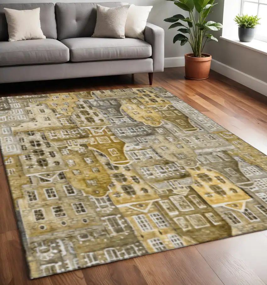 Brown Gray And Ivory Abstract Geometric Washable Area Rug With UV Protection Photo 2
