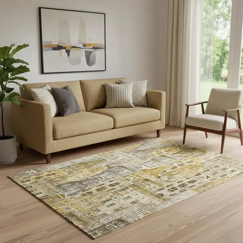 Brown Gray And Ivory Abstract Geometric Washable Area Rug With UV Protection Photo 1