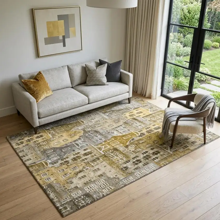 Brown Gray And Ivory Abstract Geometric Washable Area Rug With UV Protection Photo 1