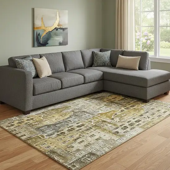 Brown Gray And Ivory Abstract Geometric Washable Area Rug With UV Protection Photo 1